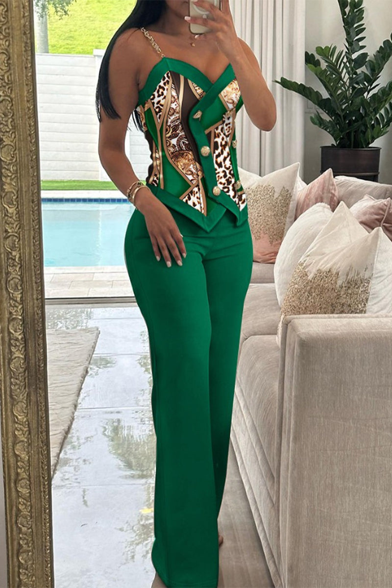 Conjunto de dos piezas sin mangas con cuello en V en contraste y botones con estampado geométrico vintage de estilo británico