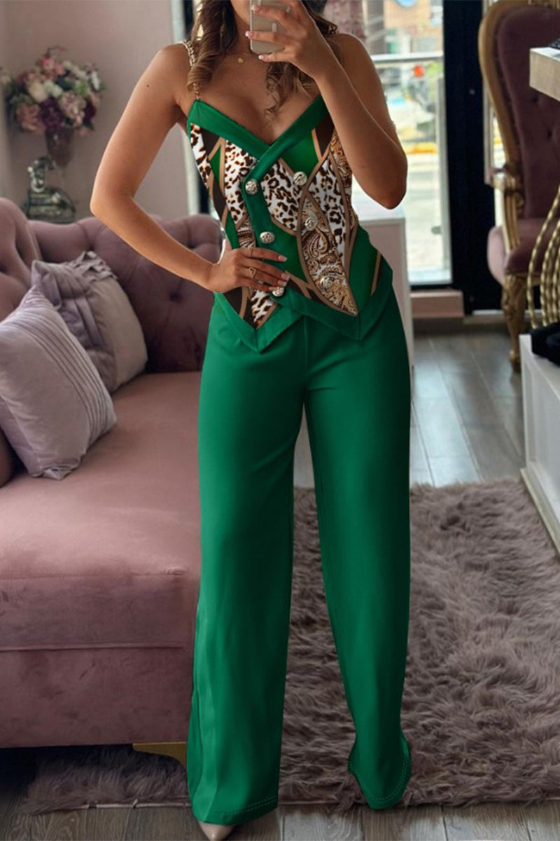 Conjunto de dos piezas sin mangas con cuello en V en contraste y botones con estampado geométrico vintage de estilo británico