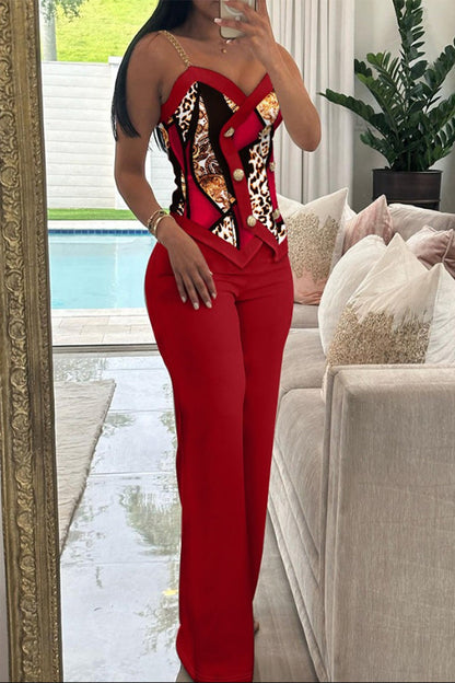 Conjunto de dos piezas sin mangas con cuello en V en contraste y botones con estampado geométrico vintage de estilo británico