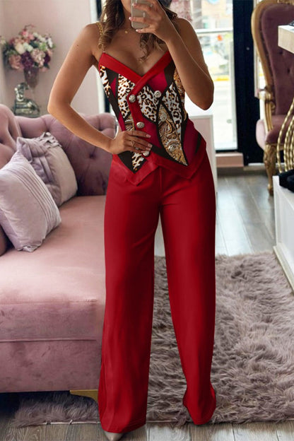 Conjunto de dos piezas sin mangas con cuello en V en contraste y botones con estampado geométrico vintage de estilo británico