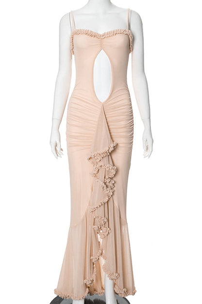 Vestidos irregulares sexis de malla con volantes, ahuecados y sin tirantes