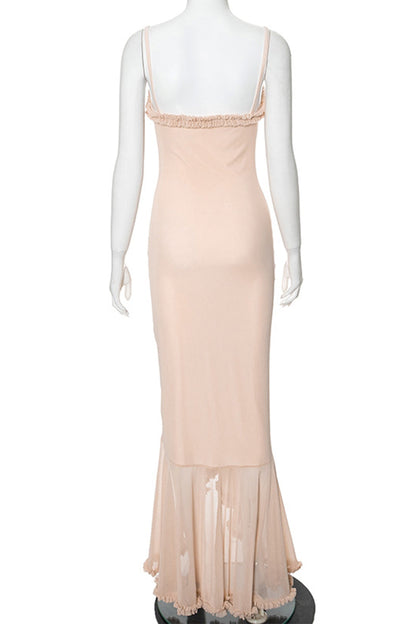 Vestidos irregulares sexis de malla con volantes, ahuecados y sin tirantes