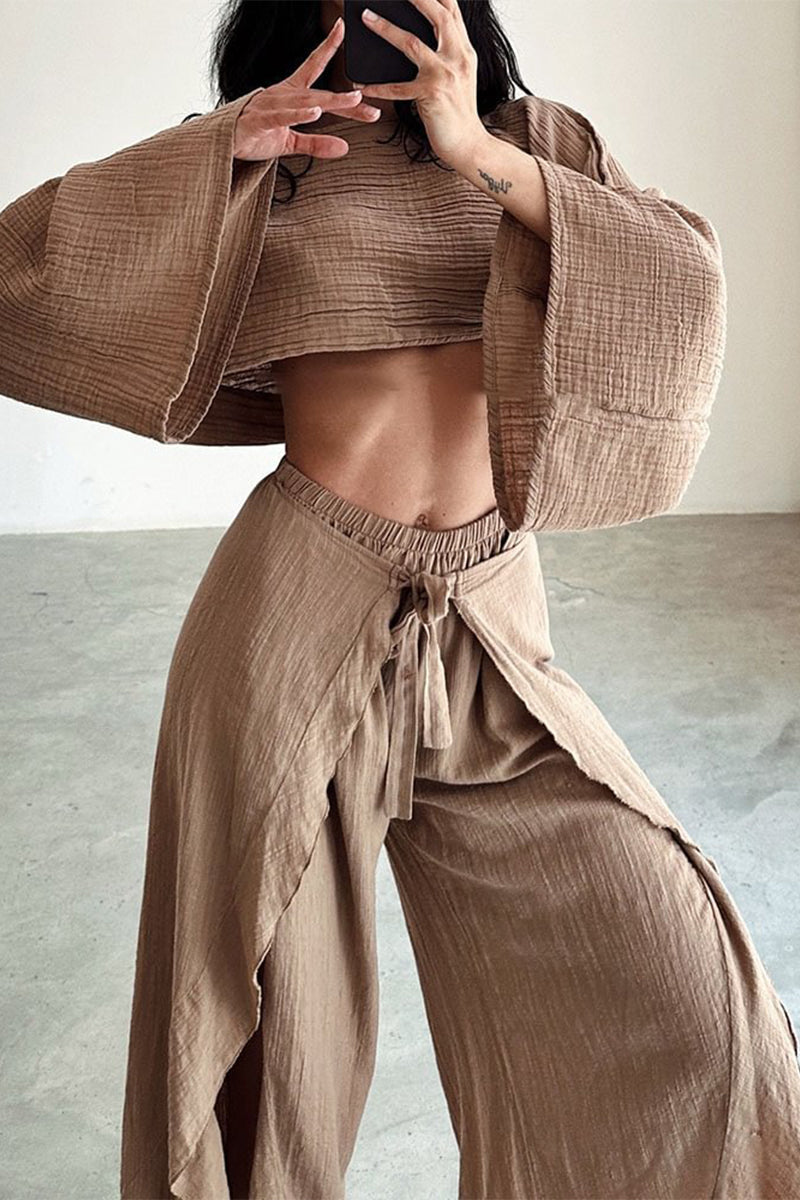 Conjunto informal de dos piezas con volantes, abertura en el cuello, manga larga (3 colores)