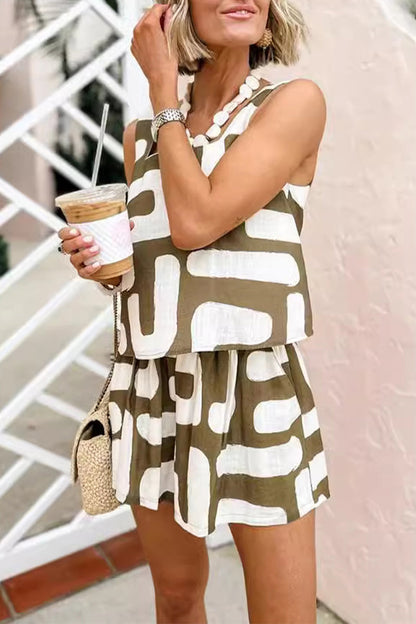 Conjunto de dos piezas sin mangas con cuello cuadrado y bolsillo con estampado geométrico