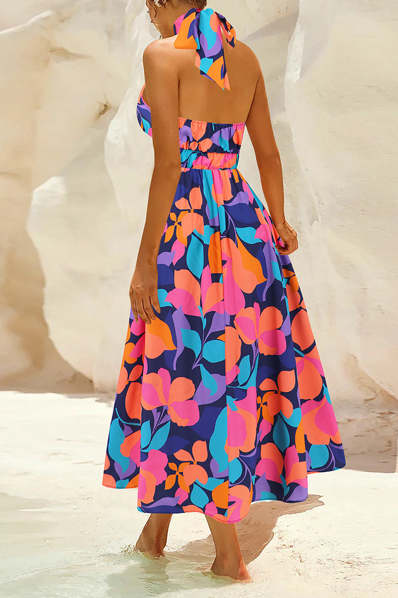 Vestidos bohemios elegantes con estampado floral en contraste y cuello mandarín