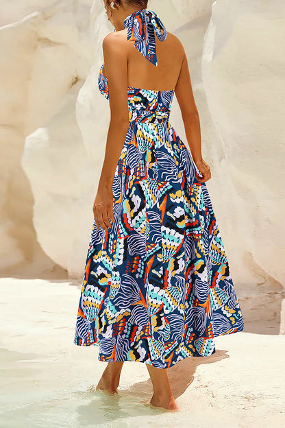 Vestidos bohemios elegantes con estampado floral en contraste y cuello mandarín