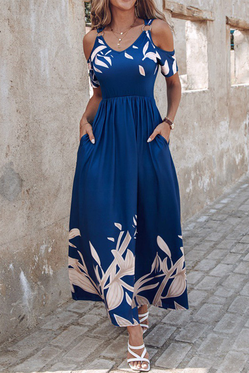 Vestidos casuales vintage florales con bolsillos, cuello en V y pliegues en forma de A