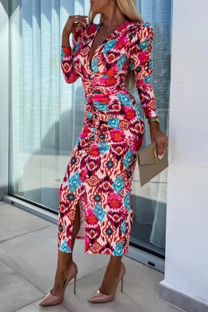 Vestidos vintage elegantes con flores, escote en V y falda de un solo paso