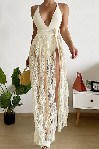 Traje de baño sexy de malla con abertura en el frenillo sólido para vacaciones (dos piezas)