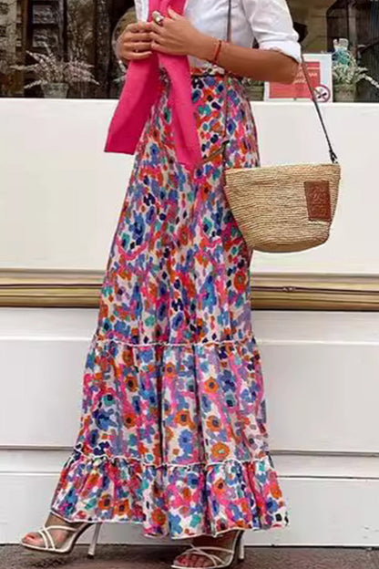 Elegante pantalón tipo A de talle alto, holgado, con estampado geométrico, volantes y contraste, con parches