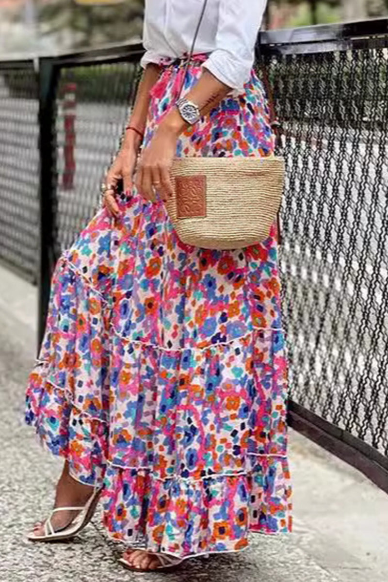 Elegante pantalón tipo A de talle alto, holgado, con estampado geométrico, volantes y contraste, con parches