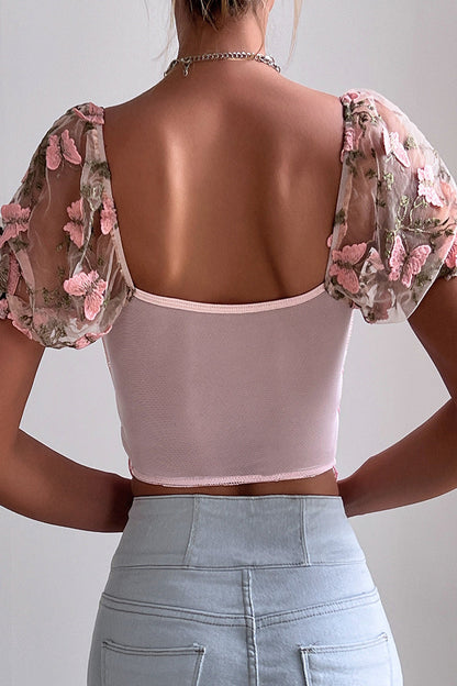 Camisetas sexys de malla con bordado de mariposas y cordón ajustable, cuello en V y cintura baja (3 colores)