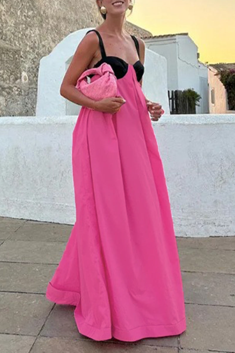 Vestidos casuales de patchwork liso con lazo en contraste y escote en V