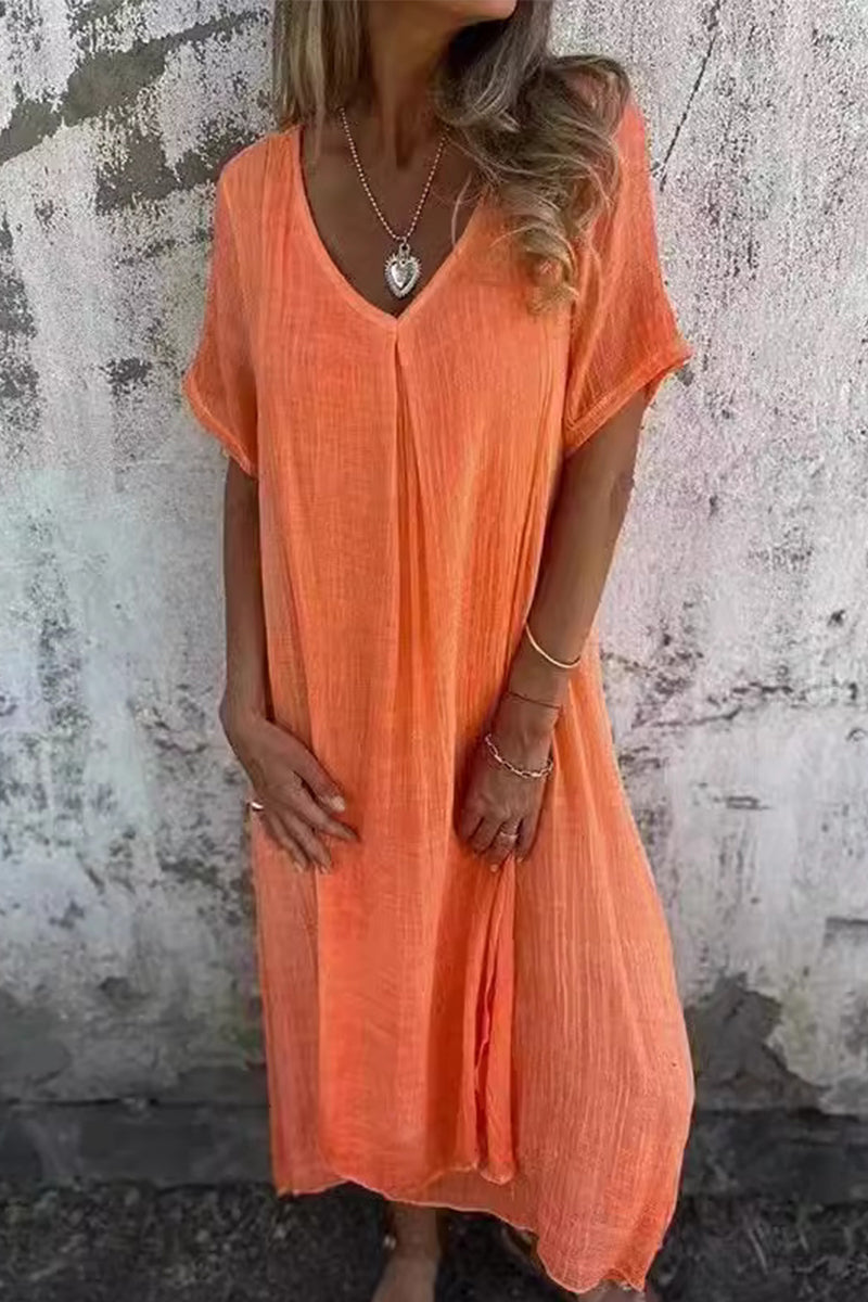 Vestido informal de manga corta con cuello en V y mangas cortas