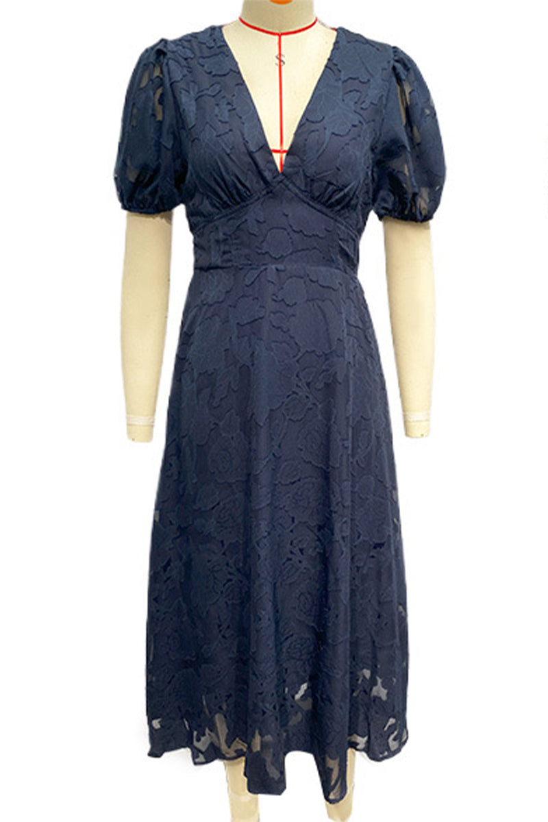 Elegante vestido de encaje liso con bolsillos y escote en V (3 colores)