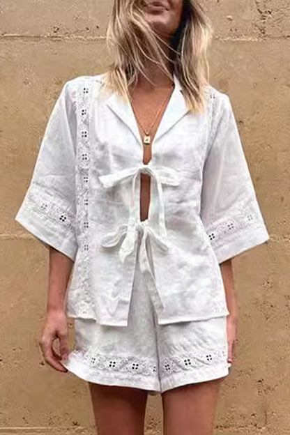 Conjunto informal de dos piezas con cuello en V, manga corta y bolsillo liso con lazo