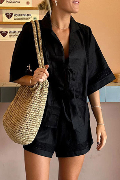 Conjunto informal de dos piezas con cuello en V, manga corta y bolsillo liso con lazo