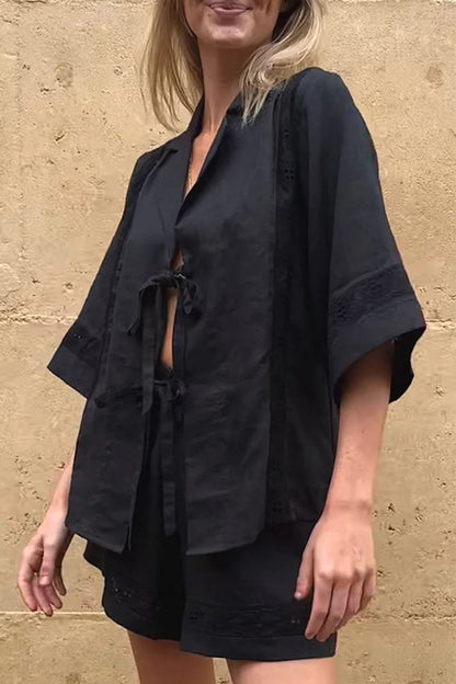 Conjunto informal de dos piezas con cuello en V, manga corta y bolsillo liso con lazo