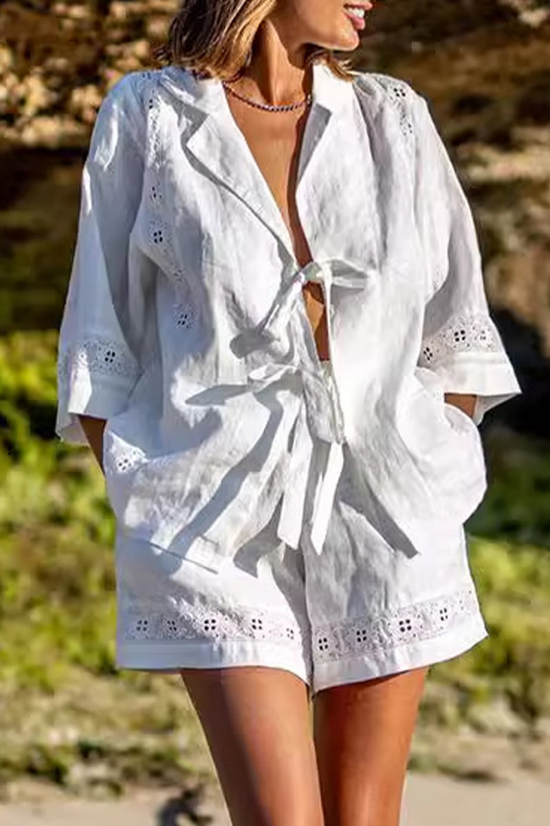 Conjunto informal de dos piezas con cuello en V, manga corta y bolsillo liso con lazo