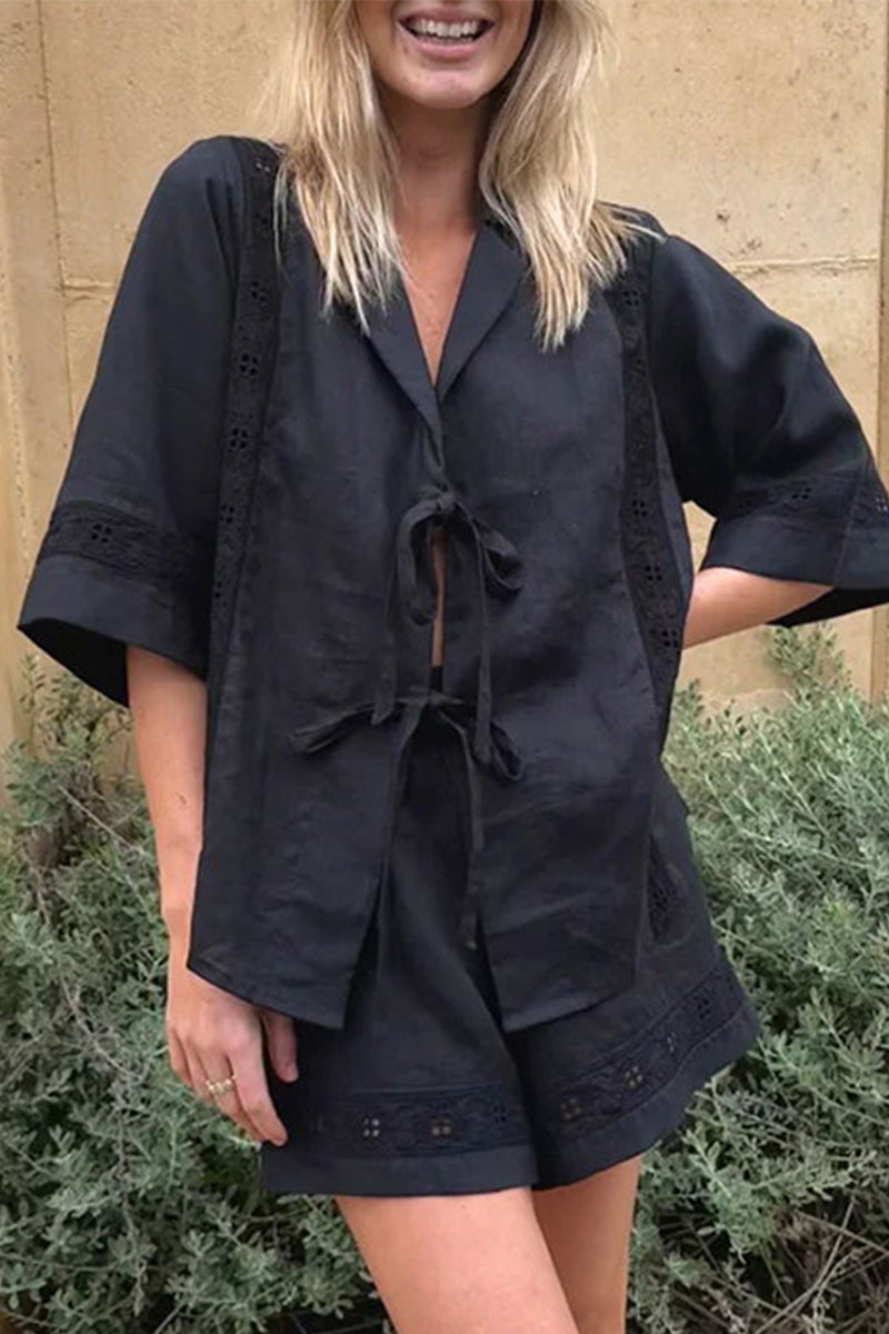 Conjunto informal de dos piezas con cuello en V, manga corta y bolsillo liso con lazo