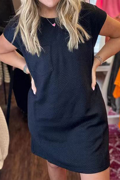 Vestido informal sencillo de manga corta con cuello redondo y bolsillos lisos