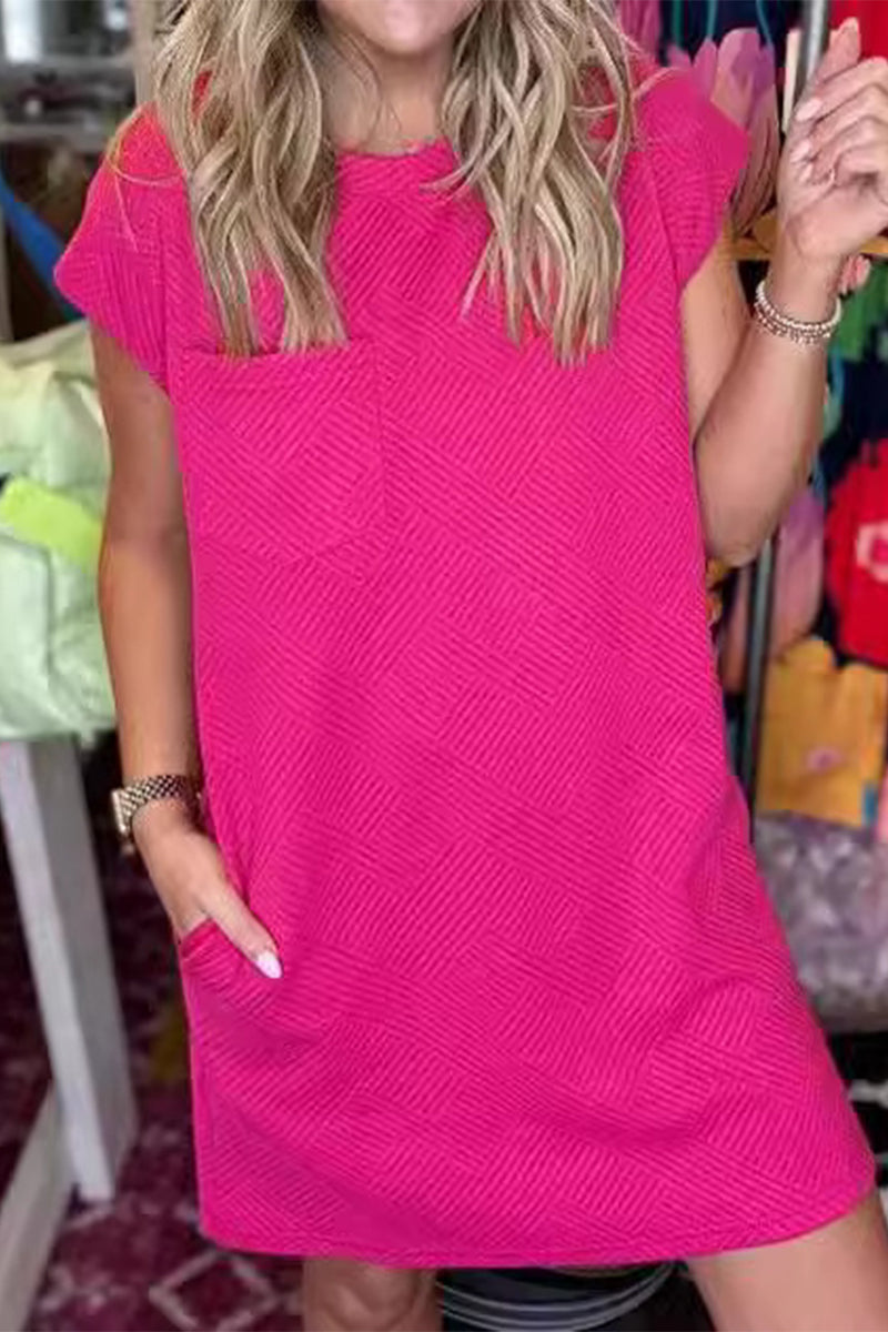 Vestido informal sencillo de manga corta con cuello redondo y bolsillos lisos
