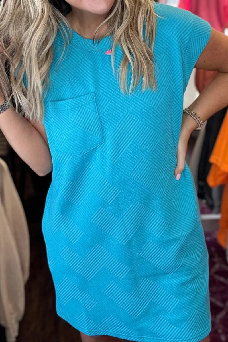 Vestido informal sencillo de manga corta con cuello redondo y bolsillos lisos