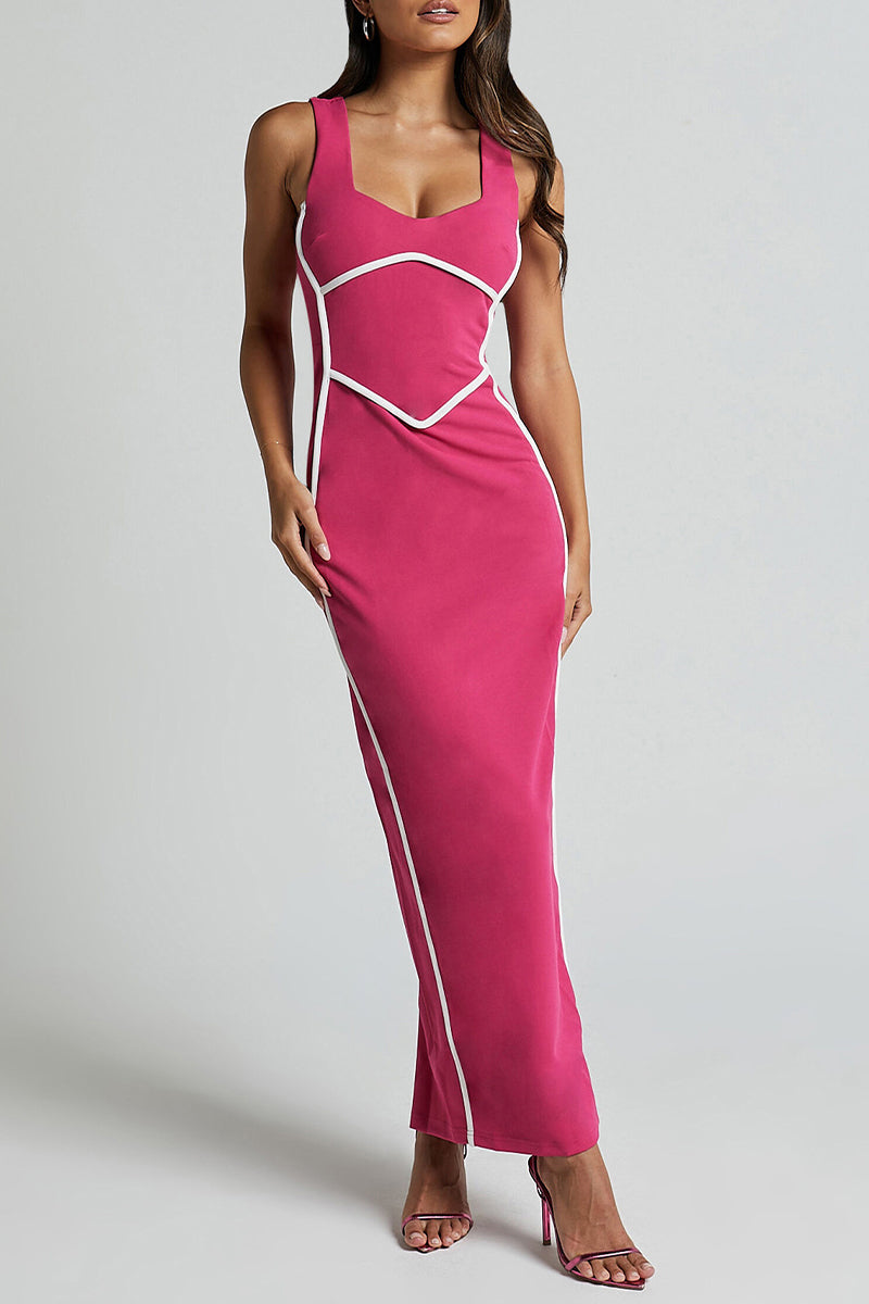 Vestidos sexis de falda de un solo paso con escote en V y rayas en contraste