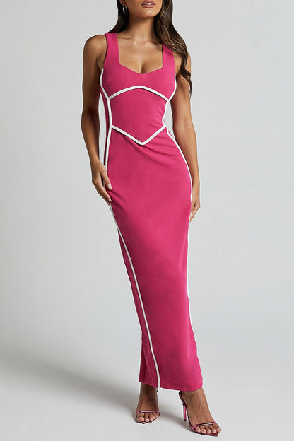 Vestidos sexis de falda de un solo paso con escote en V y rayas en contraste