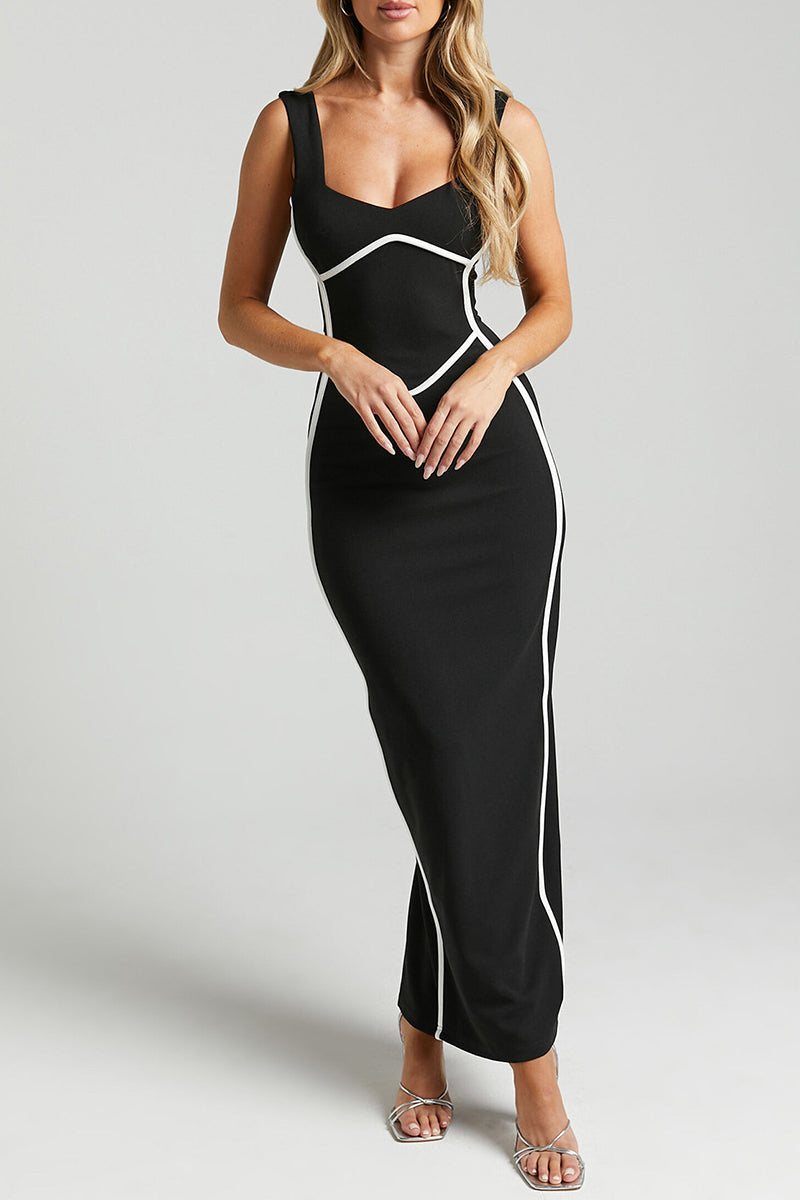 Vestidos sexis de falda de un solo paso con escote en V y rayas en contraste