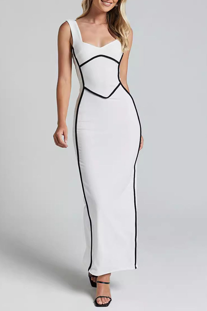 Vestidos sexis de falda de un solo paso con escote en V y rayas en contraste