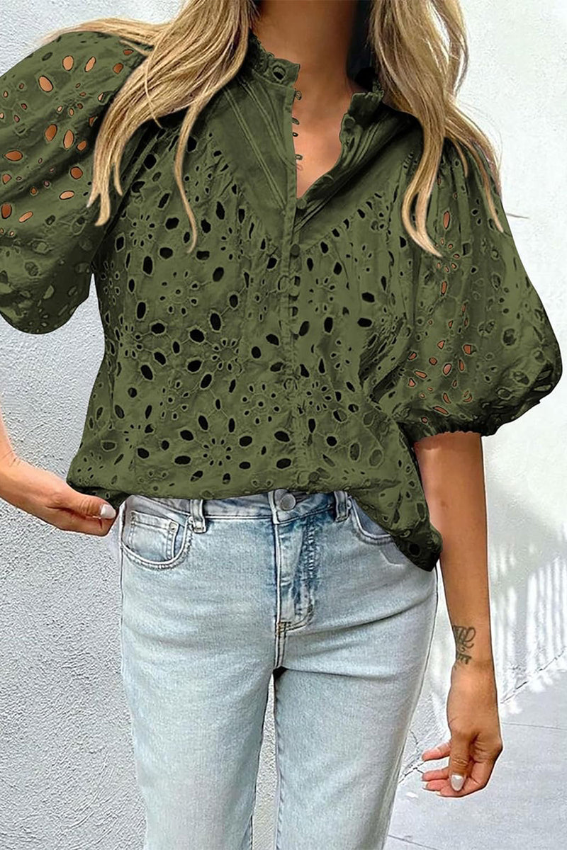 Tops casuales de cuello mandarín con hebilla hueca y sólidos