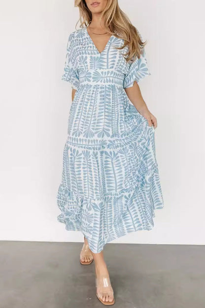 Vestidos estampados de rayas con cuello en V y patchwork para vacaciones vintage