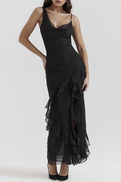 Vestidos sexis irregulares con escote oblicuo asimétrico, espalda descubierta y volantes