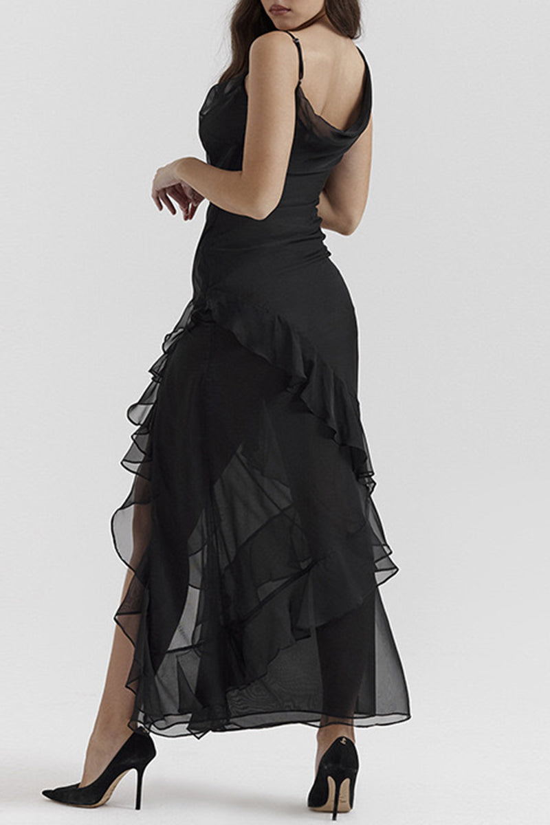 Vestidos sexis irregulares con escote oblicuo asimétrico, espalda descubierta y volantes