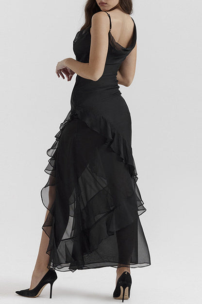 Vestidos sexis irregulares con escote oblicuo asimétrico, espalda descubierta y volantes
