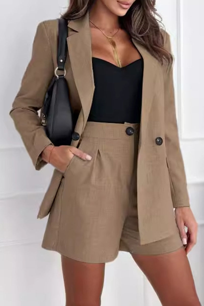 Conjunto informal de dos piezas con cuello vuelto, manga larga y bolsillos sólidos de estilo británico