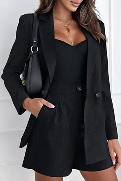 Conjunto informal de dos piezas con cuello vuelto, manga larga y bolsillos sólidos de estilo británico