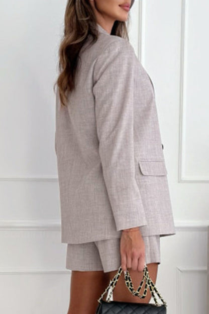 Conjunto informal de dos piezas con cuello vuelto, manga larga y bolsillos sólidos de estilo británico