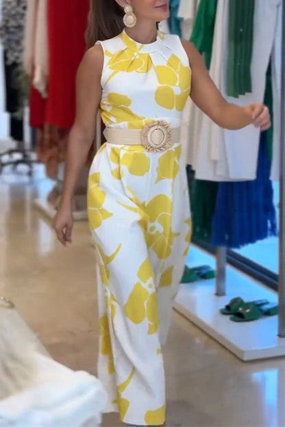 Mono holgado informal con estampado floral y patchwork, sin cinturón, cuello redondo (sin cinturón)