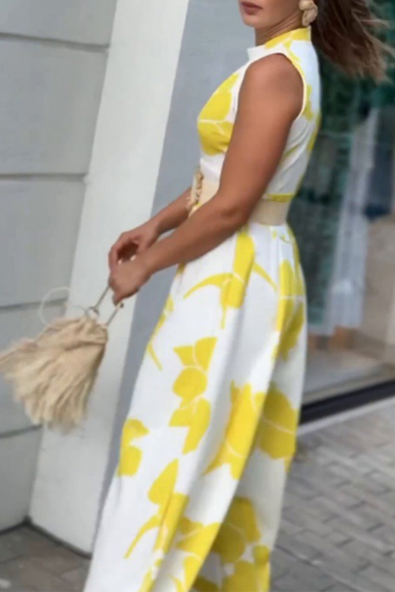 Mono holgado informal con estampado floral y patchwork, sin cinturón, cuello redondo (sin cinturón)