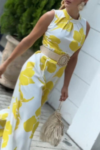 Mono holgado informal con estampado floral y patchwork, sin cinturón, cuello redondo (sin cinturón)