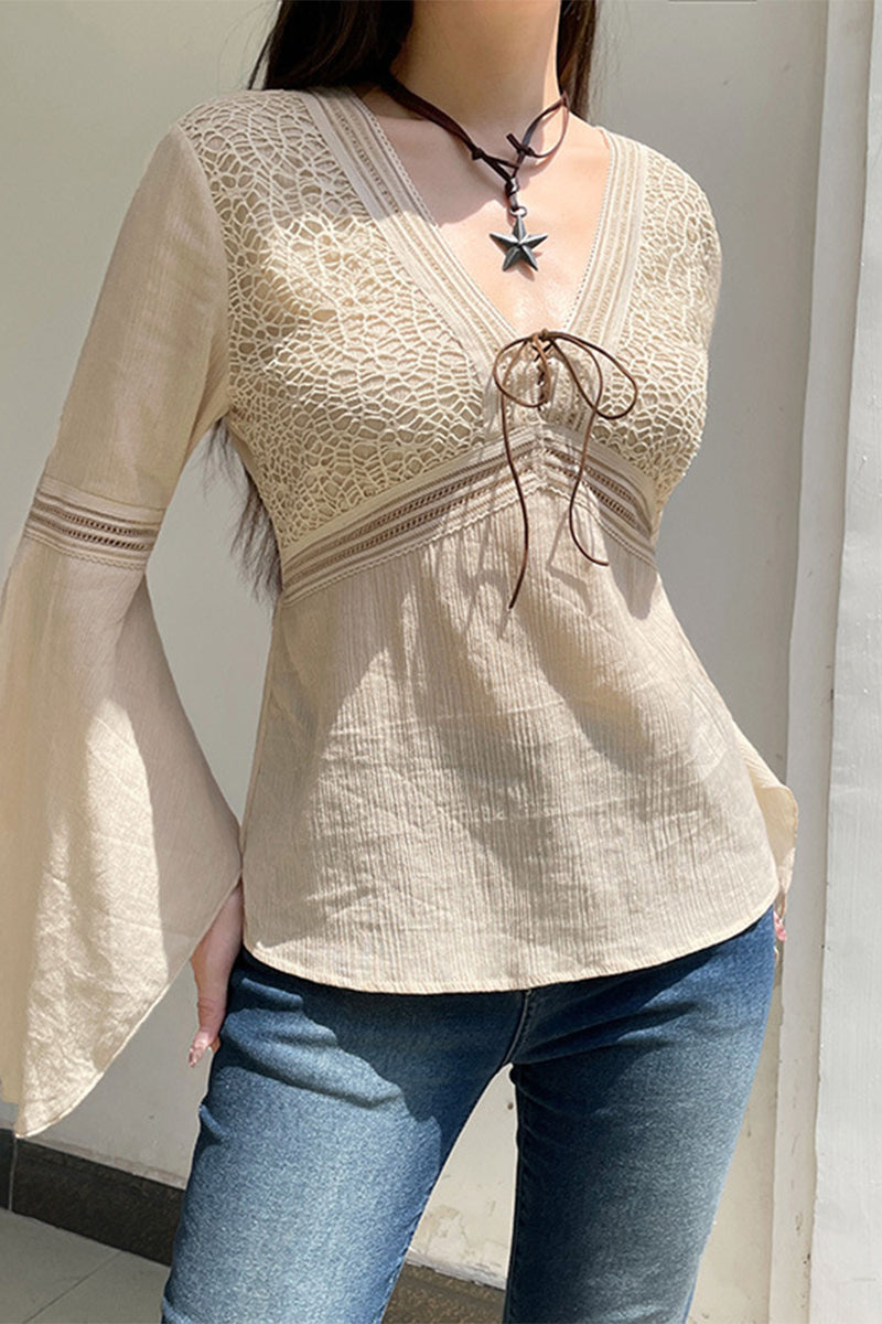 Elegante blusa de cuello en V con frenillo y patchwork sólido