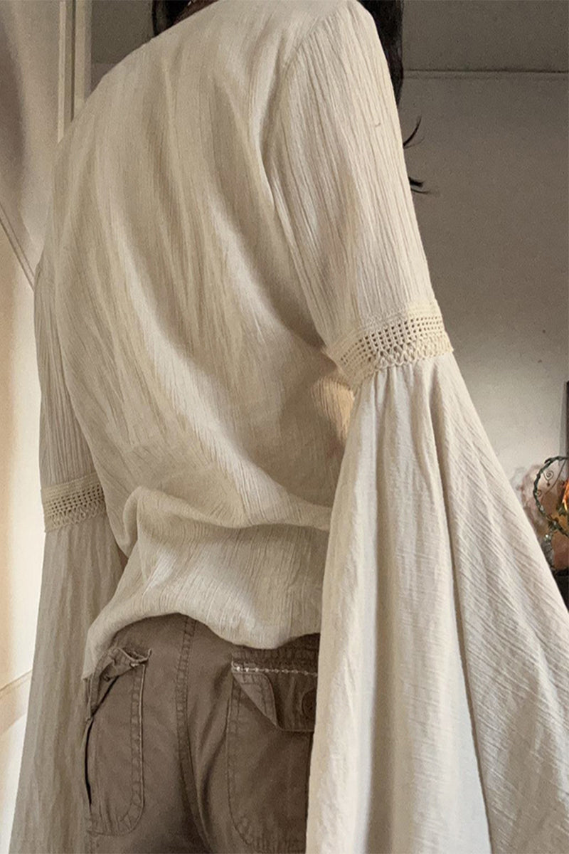 Elegante blusa de cuello en V con frenillo y patchwork sólido