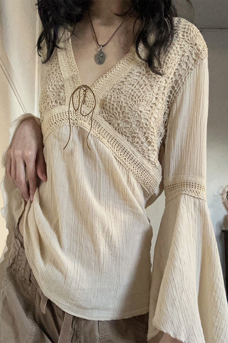 Elegante blusa de cuello en V con frenillo y patchwork sólido