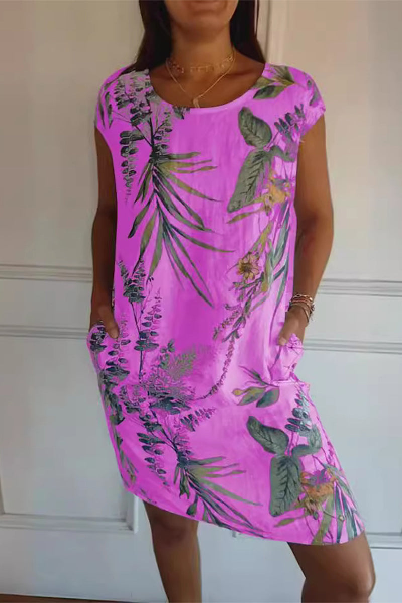 Vestidos casuales estampados con cuello redondo y bolsillos florales