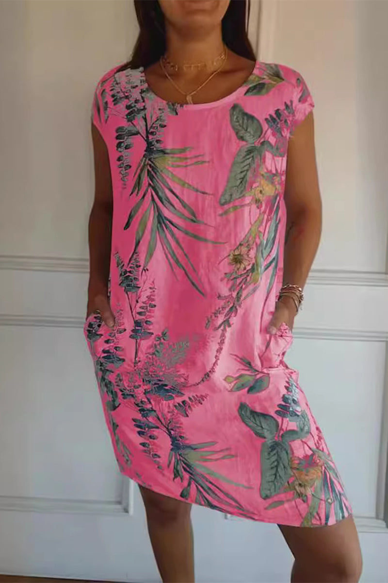 Vestidos casuales estampados con cuello redondo y bolsillos florales