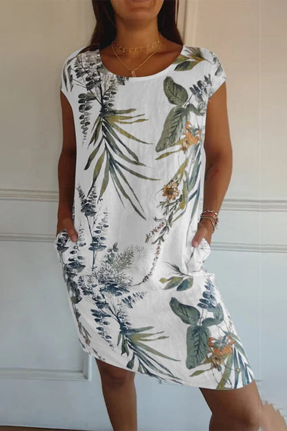 Vestidos casuales estampados con cuello redondo y bolsillos florales