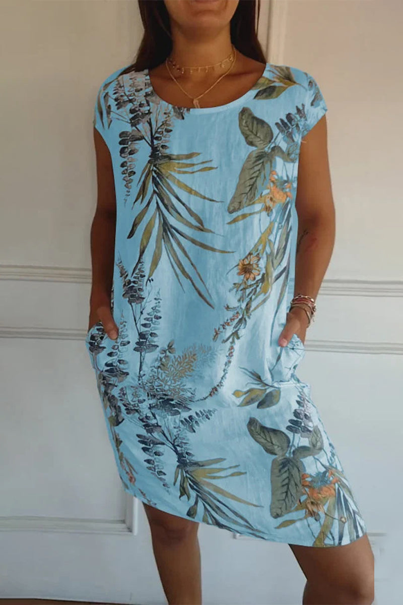 Vestidos casuales estampados con cuello redondo y bolsillos florales