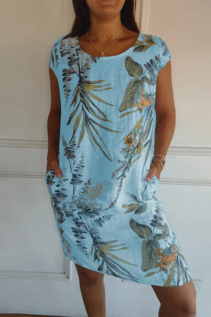 Vestidos casuales estampados con cuello redondo y bolsillos florales